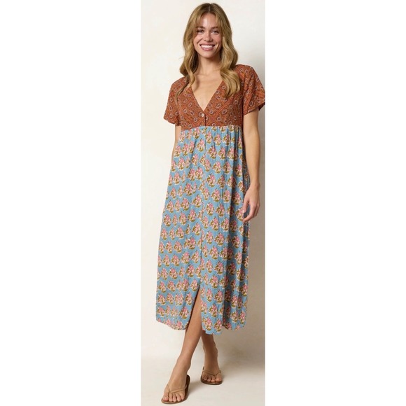 NATURAL LIFE Dresses & Skirts - Natural Life Avery Midi Dress Wildflowers Tiles Rust Cotton Pockets XL Boho